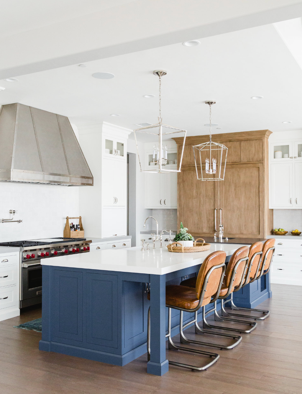 Blue White and Wood tri-tone kitchen