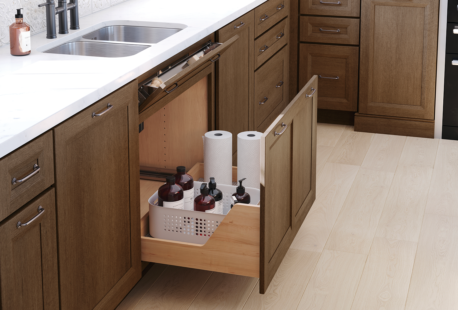 Sink base drawer: A brown drawer with silver handles, located beneath a sink. It provides storage space for cleaning supplies and other items.